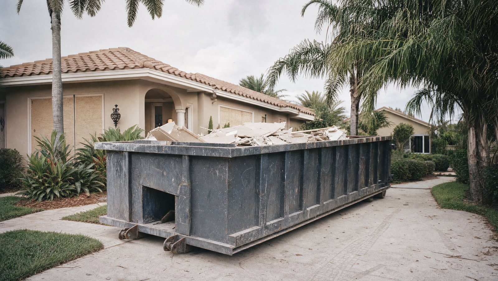 Roll-off dumpster on a residential driveway in South Florida, loaded with renovation debris